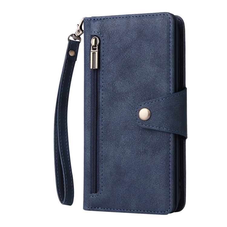For Google Pixel 4 Rivet Buckle 9 Cards Three Fold Leather Phone Case(Blue)