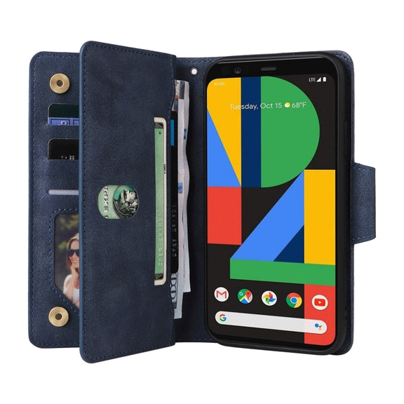 For Google Pixel 4 Rivet Buckle 9 Cards Three Fold Leather Phone Case(Blue)