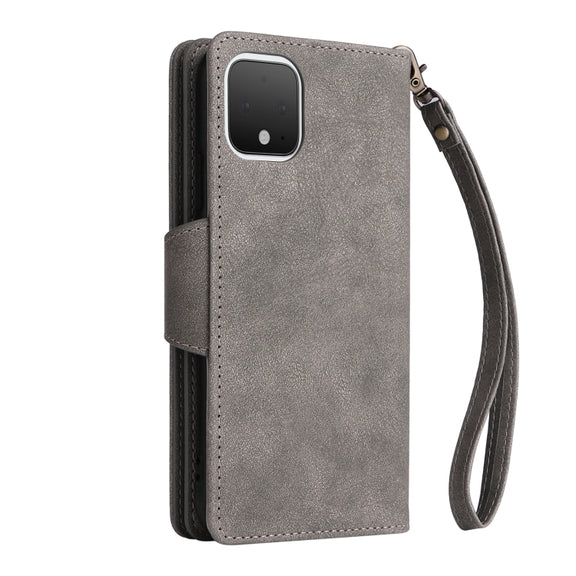 For Google Pixel 4 Rivet Buckle 9 Cards Three Fold Leather Phone Case(Grey)