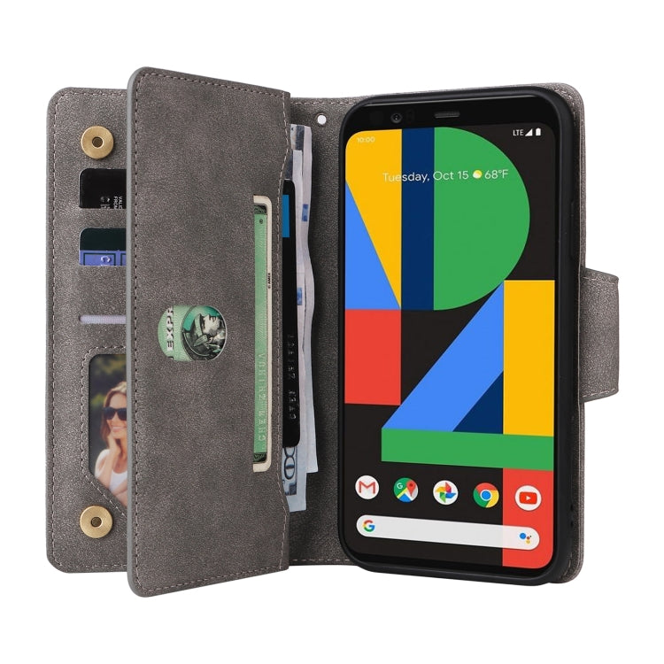 For Google Pixel 4 Rivet Buckle 9 Cards Three Fold Leather Phone Case(Grey)