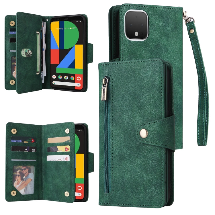 For Google Pixel 4 Rivet Buckle 9 Cards Three Fold Leather Phone Case(Green)
