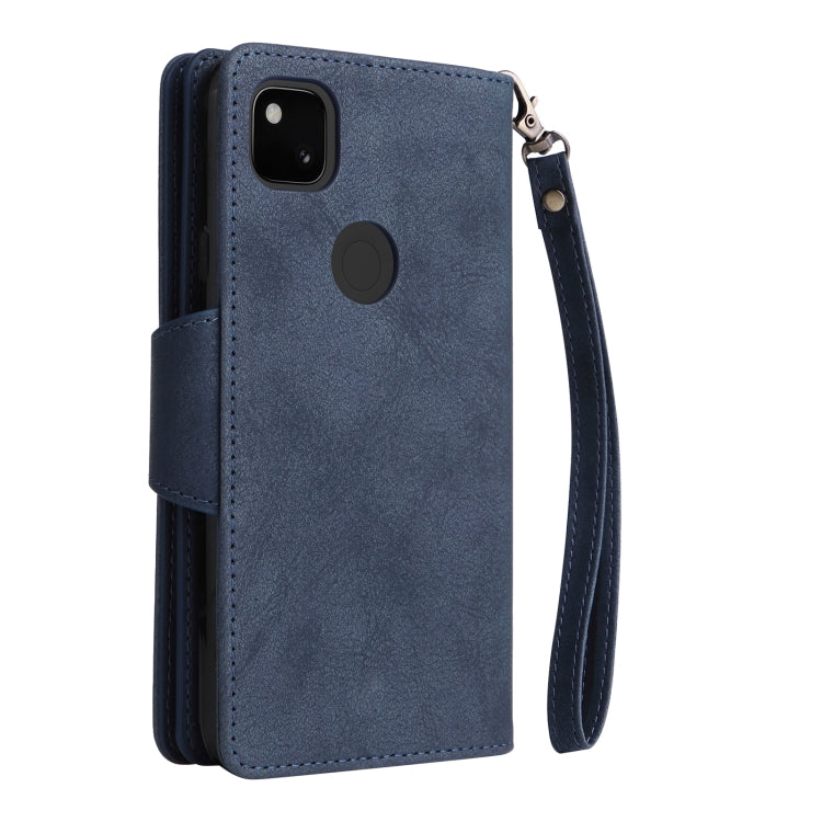 For Google Pixel 4A 4G Rivet Buckle 9 Cards Three Fold Leather Phone Case(Blue)