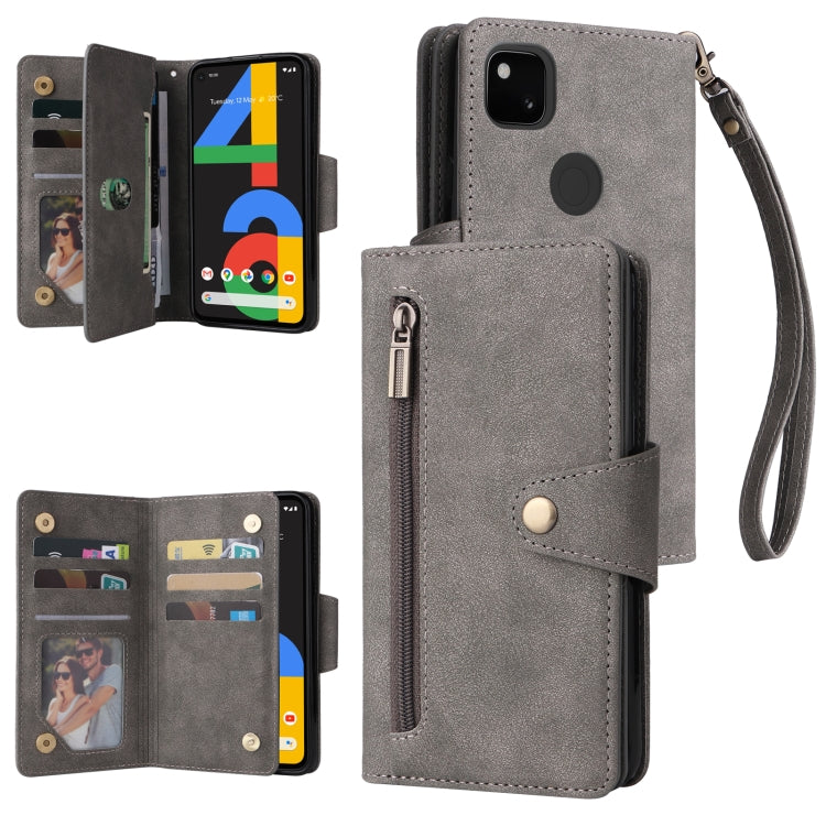 For Google Pixel 4A 4G Rivet Buckle 9 Cards Three Fold Leather Phone Case(Grey)