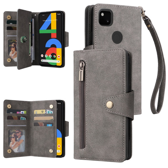 For Google Pixel 4A 4G Rivet Buckle 9 Cards Three Fold Leather Phone Case(Grey)