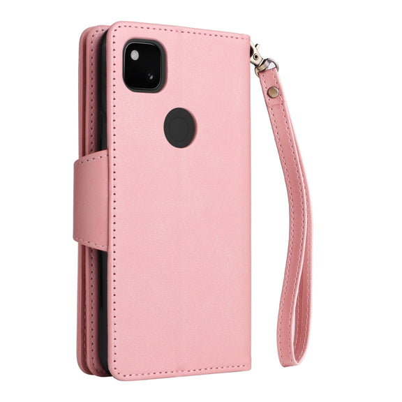 For Google Pixel 4A 4G Rivet Buckle 9 Cards Three Fold Leather Phone Case(Rose Gold)