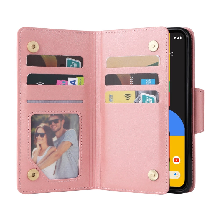 For Google Pixel 4A 4G Rivet Buckle 9 Cards Three Fold Leather Phone Case(Rose Gold)