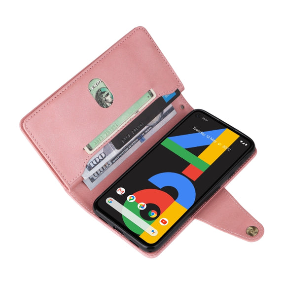 For Google Pixel 4A 4G Rivet Buckle 9 Cards Three Fold Leather Phone Case(Rose Gold)