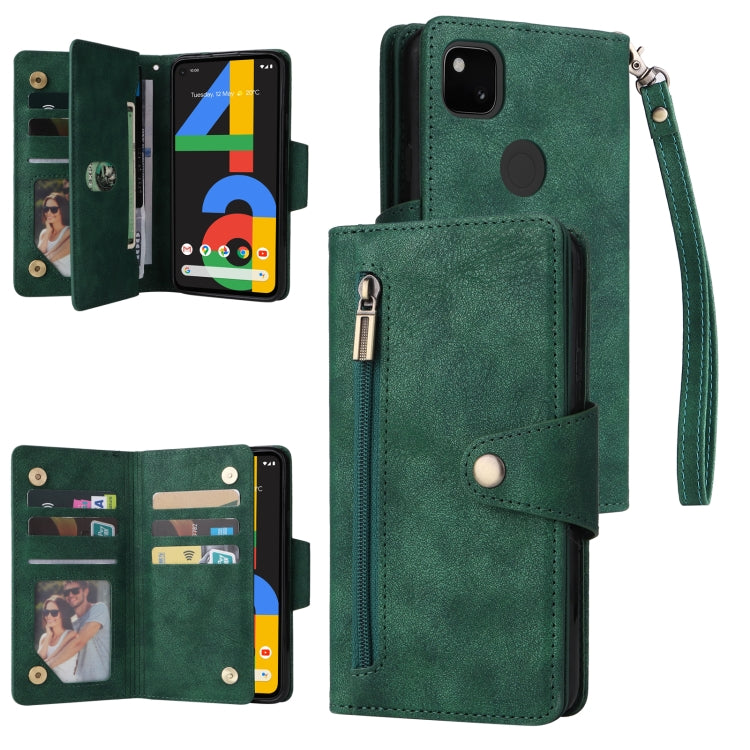For Google Pixel 4A 4G Rivet Buckle 9 Cards Three Fold Leather Phone Case(Green)
