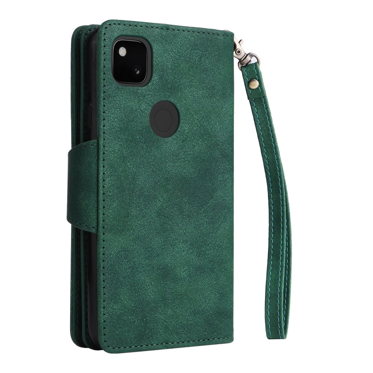 For Google Pixel 4A 4G Rivet Buckle 9 Cards Three Fold Leather Phone Case(Green)