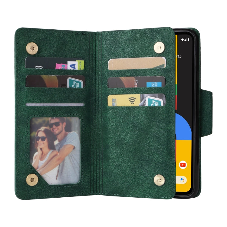 For Google Pixel 4A 4G Rivet Buckle 9 Cards Three Fold Leather Phone Case(Green)