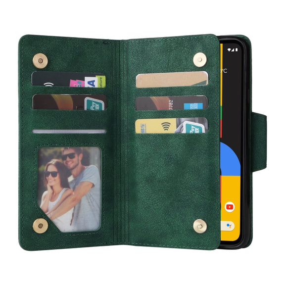 For Google Pixel 4A 4G Rivet Buckle 9 Cards Three Fold Leather Phone Case(Green)