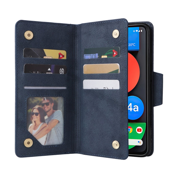 For Google Pixel 4A 5G Rivet Buckle 9 Cards Three Fold Leather Phone Case(Blue)