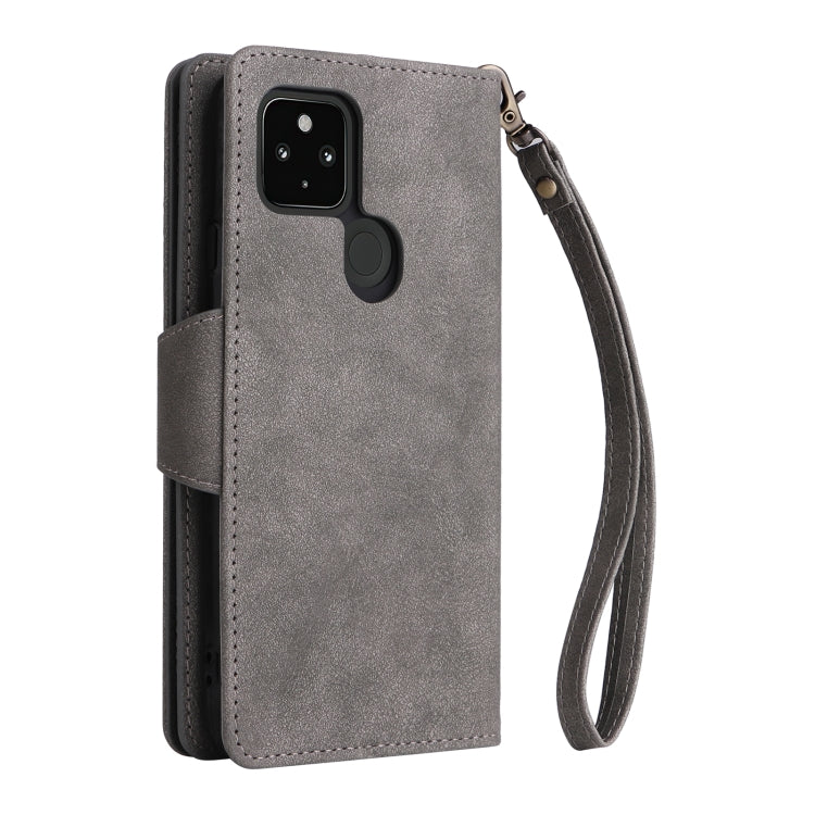 For Google Pixel 4A 5G Rivet Buckle 9 Cards Three Fold Leather Phone Case(Grey)