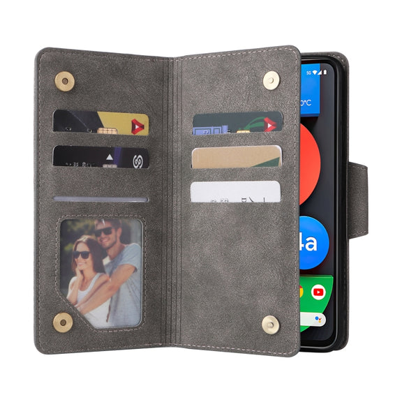 For Google Pixel 4A 5G Rivet Buckle 9 Cards Three Fold Leather Phone Case(Grey)