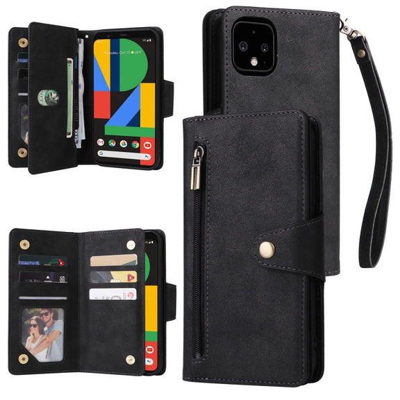 For Google Pixel 4 XL Rivet Buckle 9 Cards Three Fold Leather Phone Case(Black)