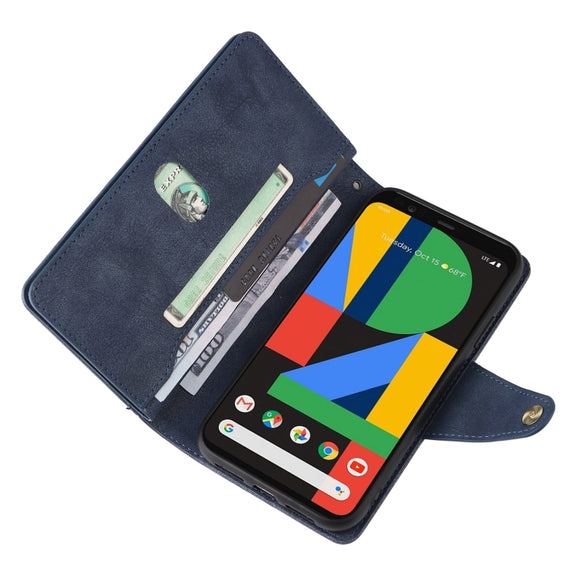 For Google Pixel 4 XL Rivet Buckle 9 Cards Three Fold Leather Phone Case(Blue)