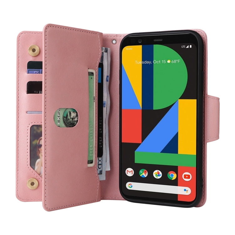 For Google Pixel 4 XL Rivet Buckle 9 Cards Three Fold Leather Phone Case(Rose Gold)