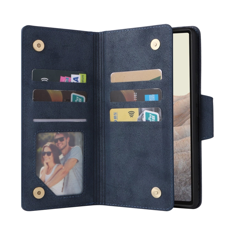 For Google Pixel 6 Rivet Buckle 9 Cards Three Fold Leather Phone Case(Blue)
