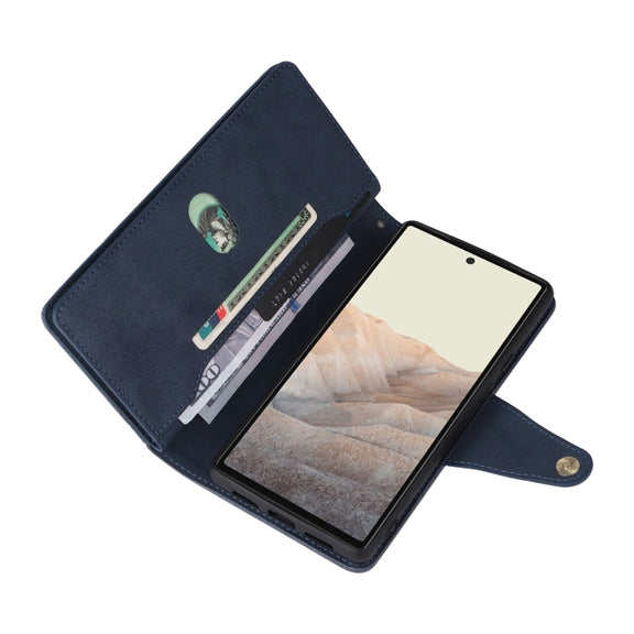 For Google Pixel 6 Rivet Buckle 9 Cards Three Fold Leather Phone Case(Blue)