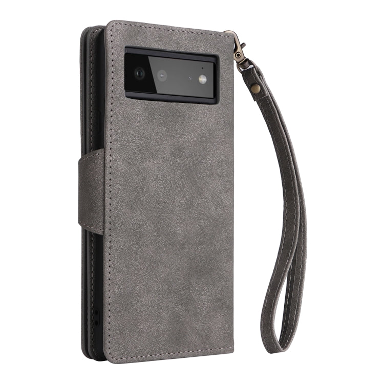 For Google Pixel 6 Rivet Buckle 9 Cards Three Fold Leather Phone Case(Grey)