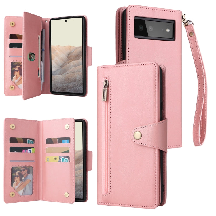 For Google Pixel 6 Rivet Buckle 9 Cards Three Fold Leather Phone Case(Rose Gold)