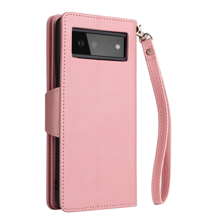 For Google Pixel 6 Rivet Buckle 9 Cards Three Fold Leather Phone Case(Rose Gold)