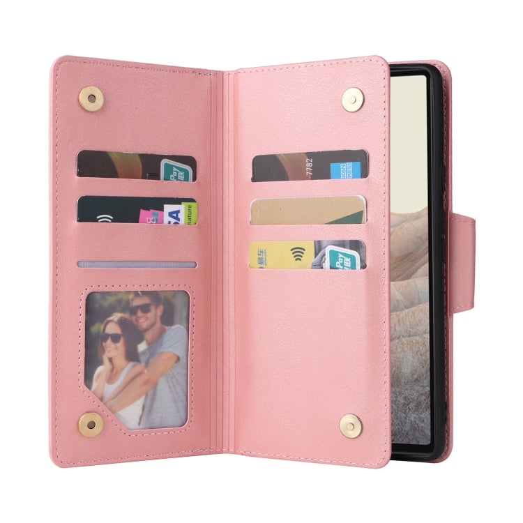 For Google Pixel 6 Rivet Buckle 9 Cards Three Fold Leather Phone Case(Rose Gold)
