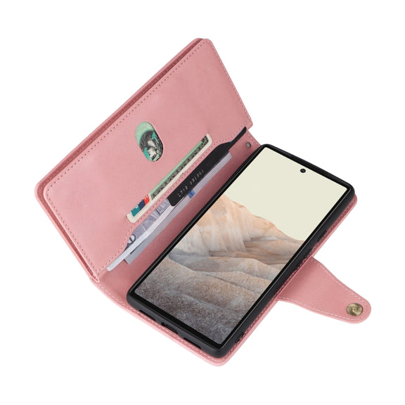 For Google Pixel 6 Rivet Buckle 9 Cards Three Fold Leather Phone Case(Rose Gold)