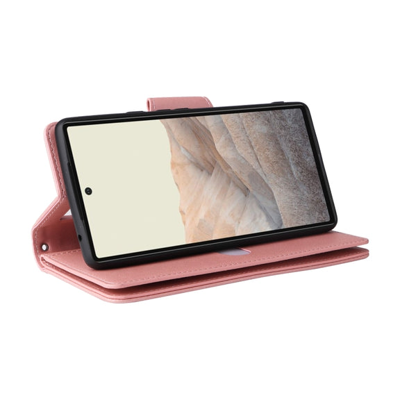 For Google Pixel 6 Rivet Buckle 9 Cards Three Fold Leather Phone Case(Rose Gold)