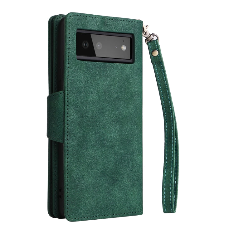 For Google Pixel 6 Rivet Buckle 9 Cards Three Fold Leather Phone Case(Green)
