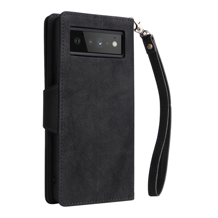 For Google Pixel 6 Pro Rivet Buckle 9 Cards Three Fold Leather Phone Case(Black)