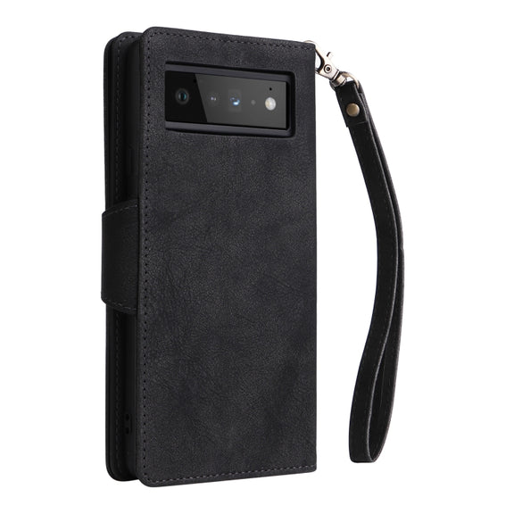 For Google Pixel 6 Pro Rivet Buckle 9 Cards Three Fold Leather Phone Case(Black)