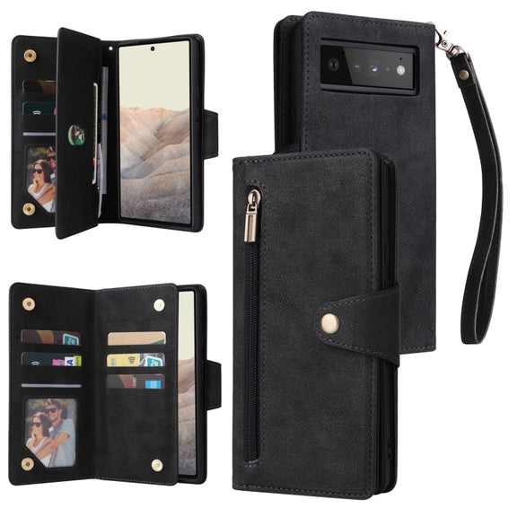 For Google Pixel 6 Pro Rivet Buckle 9 Cards Three Fold Leather Phone Case(Black)