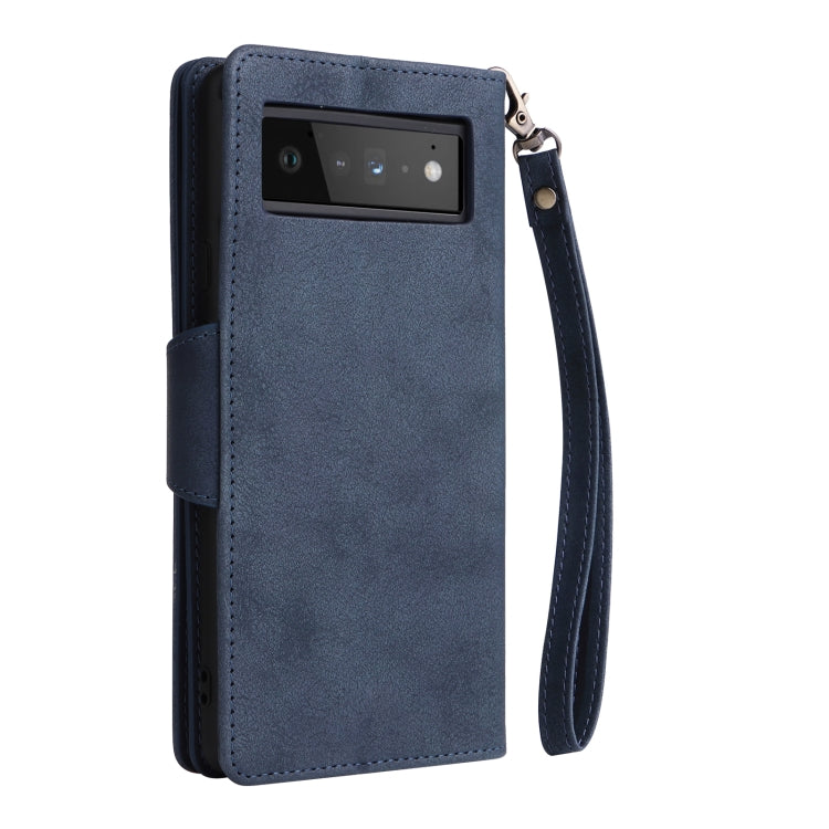 For Google Pixel 6 Pro Rivet Buckle 9 Cards Three Fold Leather Phone Case(Blue)