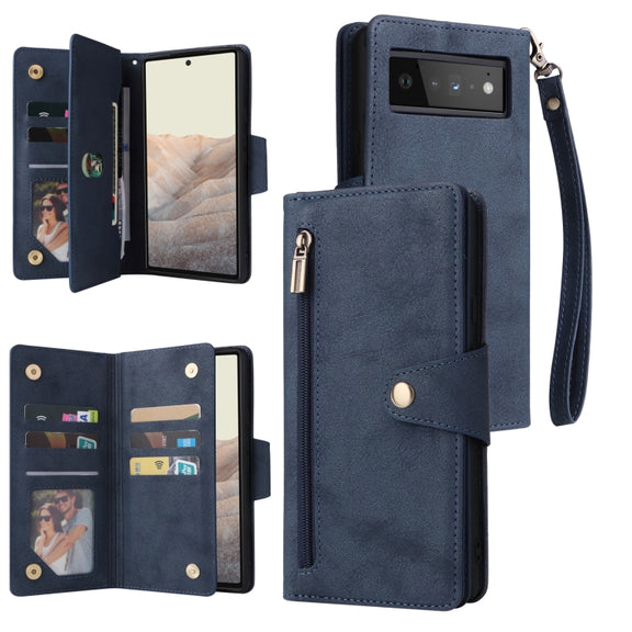 For Google Pixel 6 Pro Rivet Buckle 9 Cards Three Fold Leather Phone Case(Blue)