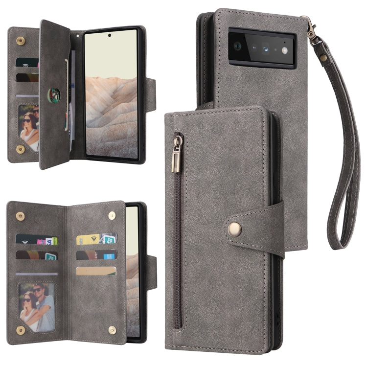 For Google Pixel 6 Pro Rivet Buckle 9 Cards Three Fold Leather Phone Case(Grey)