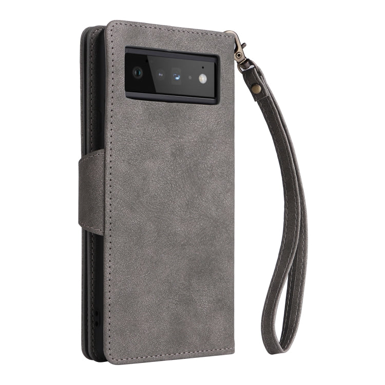 For Google Pixel 6 Pro Rivet Buckle 9 Cards Three Fold Leather Phone Case(Grey)