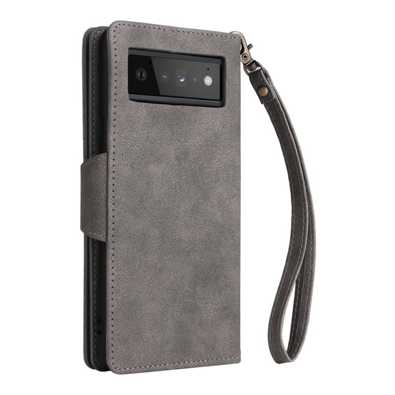 For Google Pixel 6 Pro Rivet Buckle 9 Cards Three Fold Leather Phone Case(Grey)