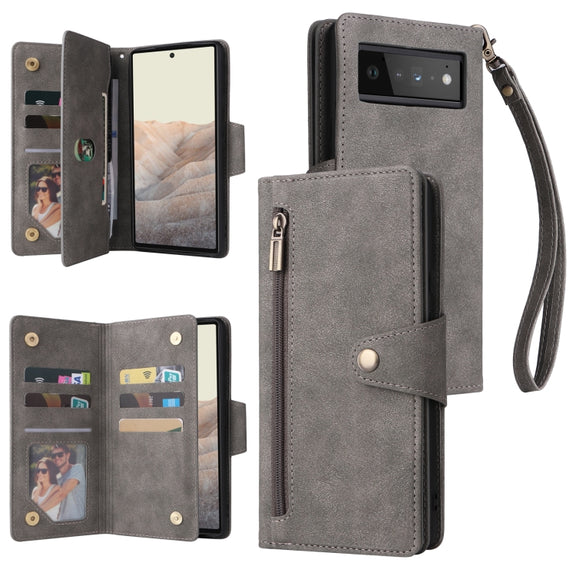 For Google Pixel 6 Pro Rivet Buckle 9 Cards Three Fold Leather Phone Case(Grey)