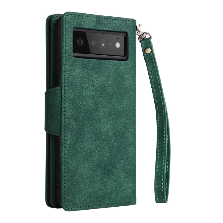 For Google Pixel 6 Pro Rivet Buckle 9 Cards Three Fold Leather Phone Case(Green)