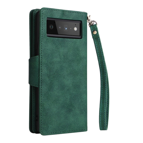For Google Pixel 6 Pro Rivet Buckle 9 Cards Three Fold Leather Phone Case(Green)