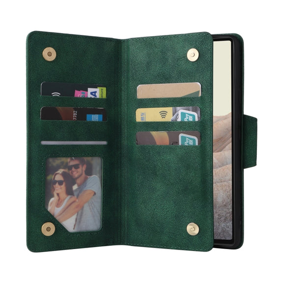 For Google Pixel 6 Pro Rivet Buckle 9 Cards Three Fold Leather Phone Case(Green)