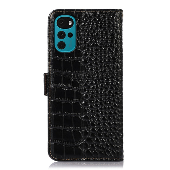 For Motorola Moto G22 Crocodile Top Layer Cowhide Leather Phone Case(Black)
