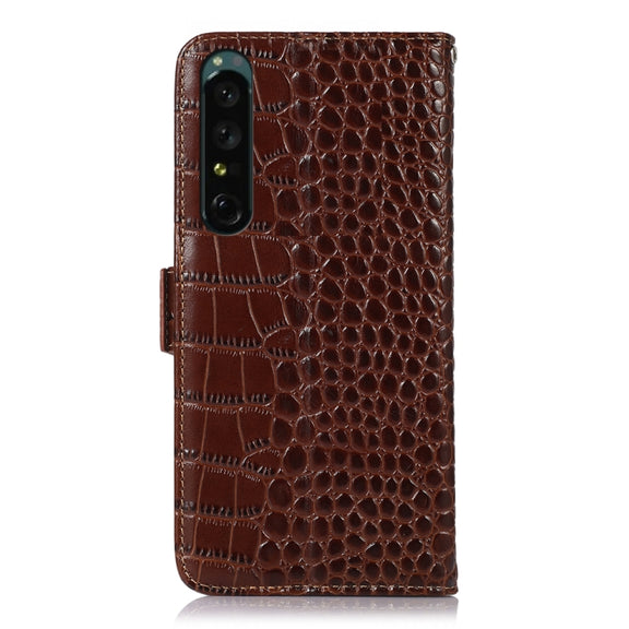 For Sony Xperia 1 IV Crocodile Top Layer Cowhide Leather Phone Case(Brown)
