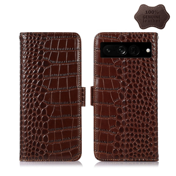 For Google Pixel 7 Pro 5G Crocodile Top Layer Cowhide Leather Phone Case(Brown)