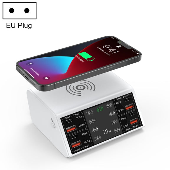 838w 9 in 1 100W 4 PD 3.0 USB-C / Type-C + 4 QC 3.0 USB Ports Smart Digital Display Wireless Charger, EU Plug(White)