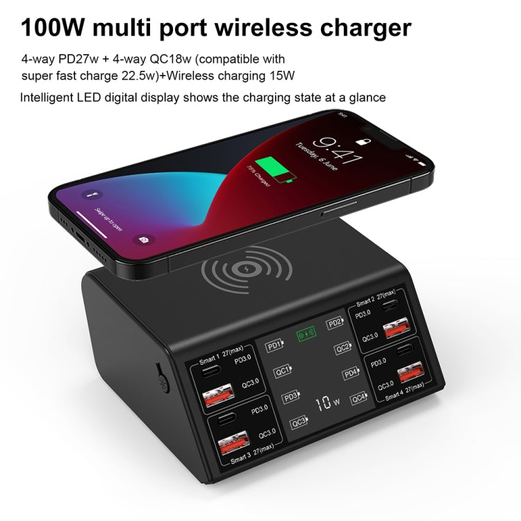 838w 9 in 1 100W 4 PD 3.0 USB-C / Type-C + 4 QC 3.0 USB Ports Smart Digital Display Wireless Charger, EU Plug(White)