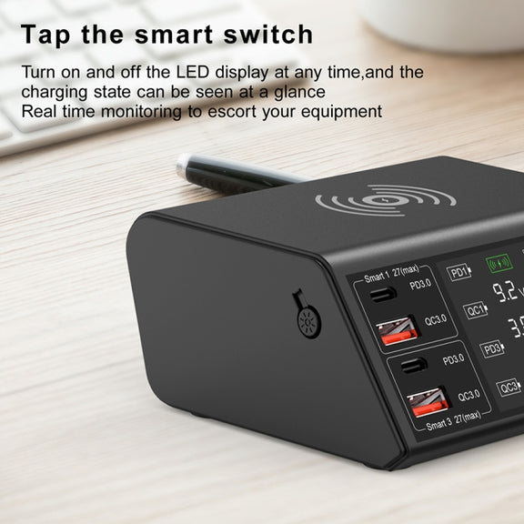 838w 9 in 1 100W 4 PD 3.0 USB-C / Type-C + 4 QC 3.0 USB Ports Smart Digital Display Wireless Charger, EU Plug(White)