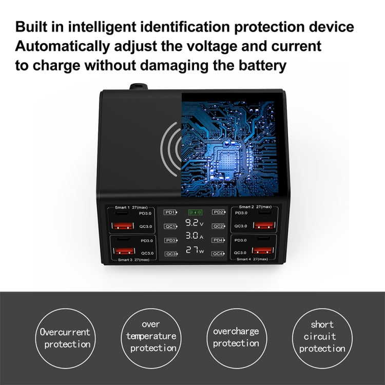 838w 9 in 1 100W 4 PD 3.0 USB-C / Type-C + 4 QC 3.0 USB Ports Smart Digital Display Wireless Charger, EU Plug(White)