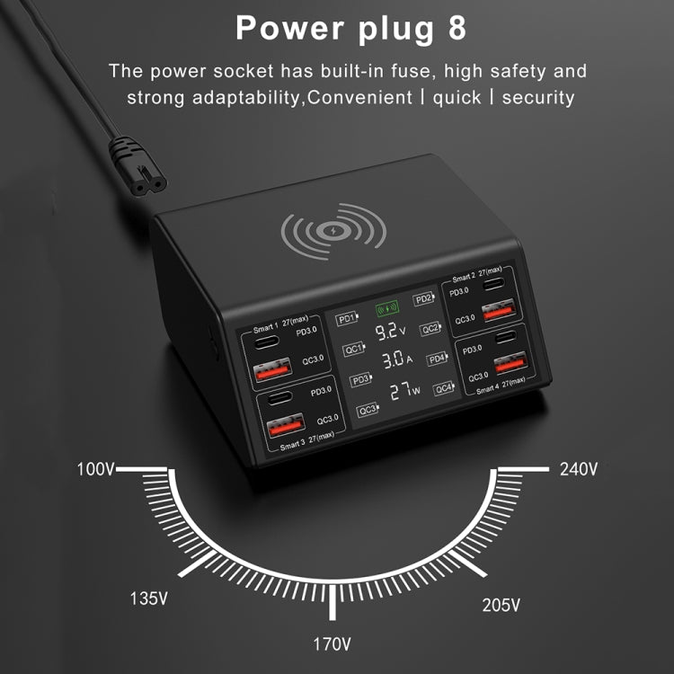 838w 9 in 1 100W 4 PD 3.0 USB-C / Type-C + 4 QC 3.0 USB Ports Smart Digital Display Wireless Charger, EU Plug(White)